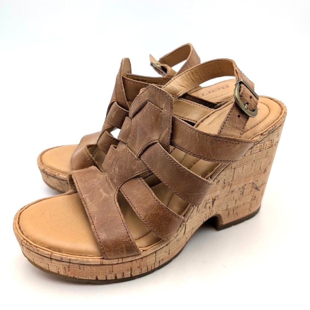 Born Bernese Cage Leather Platform Cork Wedge Sandal Brown Women's Size US9M
